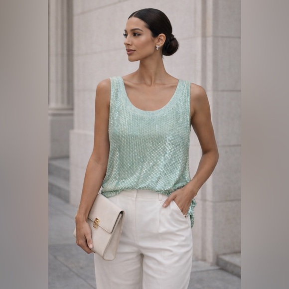 Tops - Vintage hand beaded sequin sleeveless blouse Seafoam green blue size medium